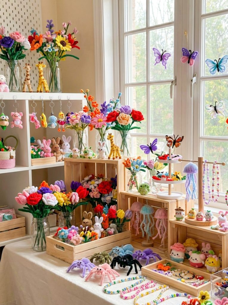 Complete pipe cleaner crafts collection with flowers animals butterflies keychains jellyfish spiders beaded pieces and kawaii characters