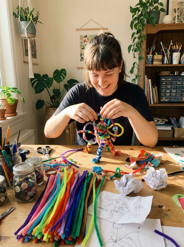 Creative DIY pipe cleaner crafts session with someone designing own creation using instinct and experimentation with multiple materials