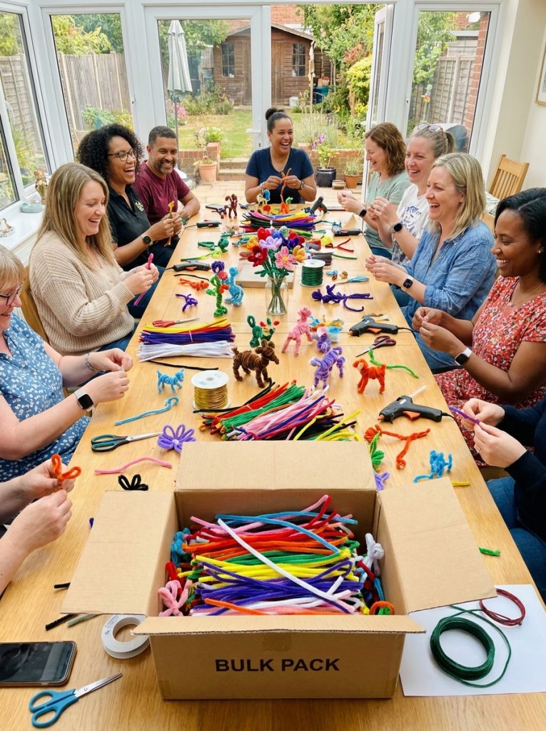Creative pipe cleaner crafts session with large bulk pack of colorful pipe cleaners spread on table with multiple projects in progress
