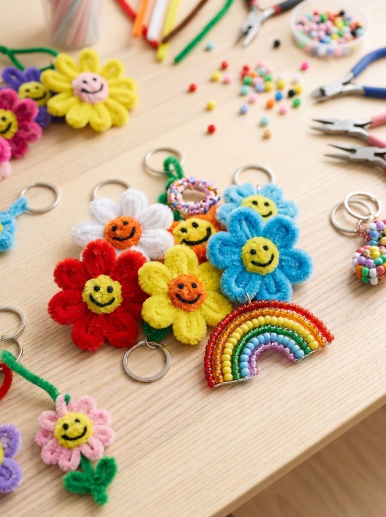 Beautiful DIY pipe cleaner keychain crafts with flower character and beaded designs on metal rings in charming collection display