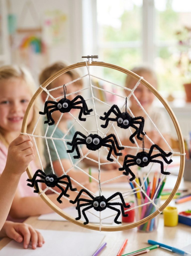 Cute spider pipe cleaner crafts with black pipe cleaners twisted into spider bodies with eight bent legs and large googly eyes on yarn web
