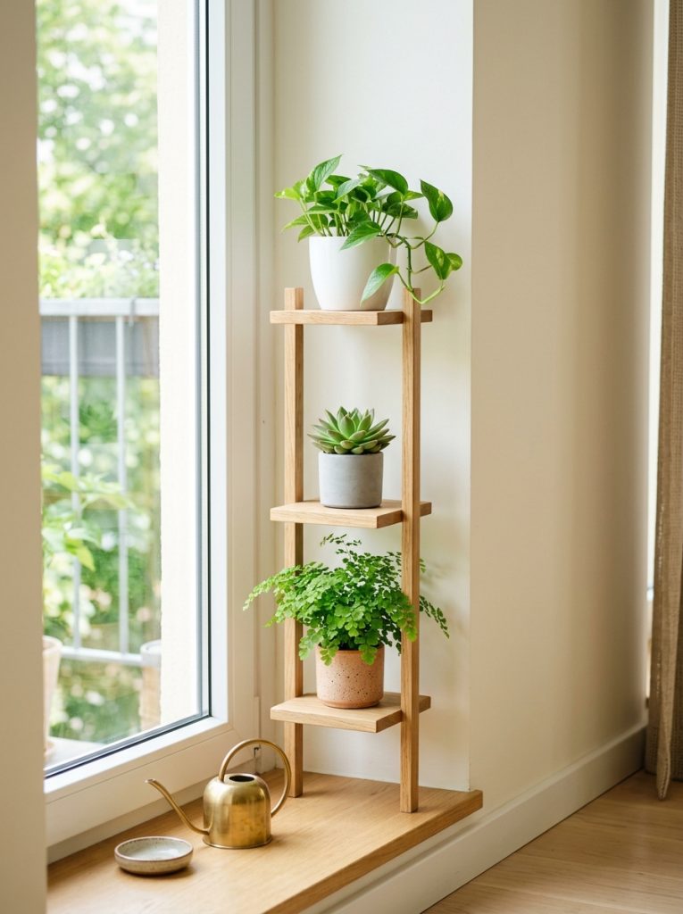 Slim DIY plant stand for small spaces holding three small potted plants vertically in bright narrow corner