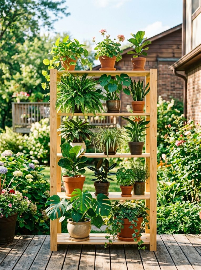 Large DIY outdoor plant stand holding several big potted plants on sunny patio with sturdy wide shelves