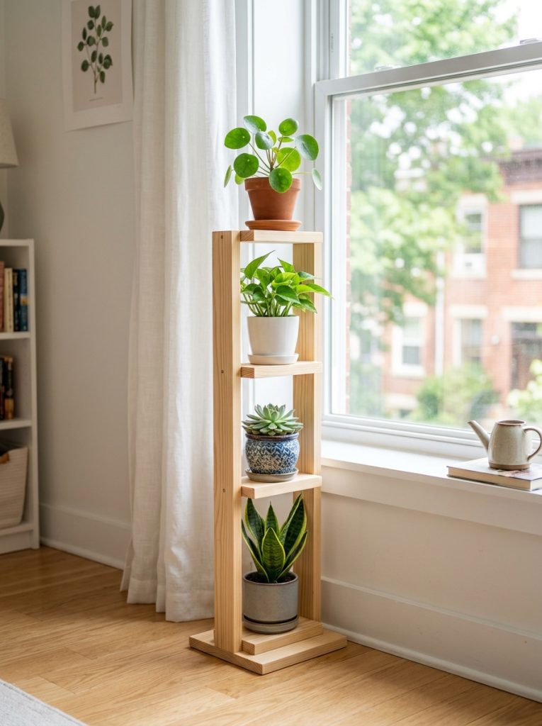 Compact DIY plant stand for small indoor apartment space holding four small plants vertically beside window