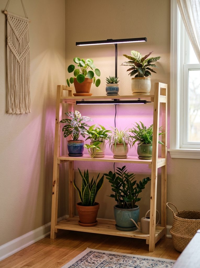 DIY indoor plant stand with grow light bar mounted above holding small potted plants in dim indoor corner
