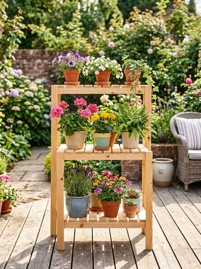 DIY multi tier outdoor plant stand with three levels holding potted flowering plants on sunny patio