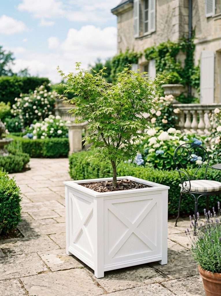 Classic Versailles style DIY planter box painted white with decorative panels holding ornamental tree
