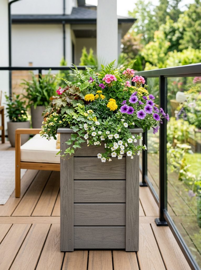 DIY composite decking material planter box in warm grey filled with flowering plants on modern deck