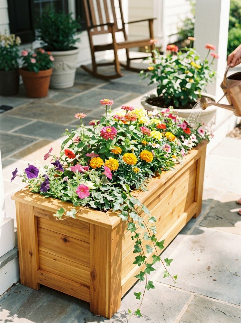 DIY cedar planter box filled with colorful flowering plants on a sunny front porch..