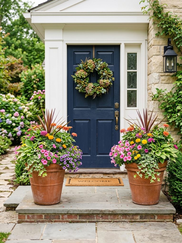 Beautiful large front door planter pots flanking entrance with lush colorful seasonal flowers creating symmetrical welcoming entryway display