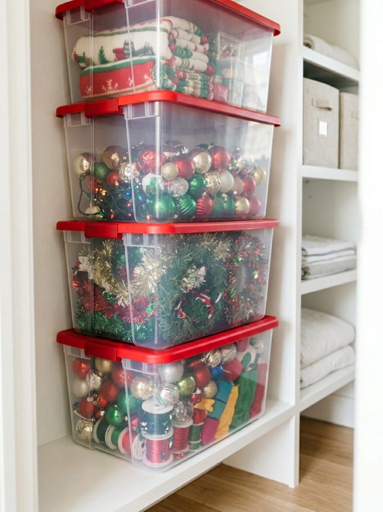 Clear plastic holiday decor storage bins with red lids stacked in bright closet showing decorations inside