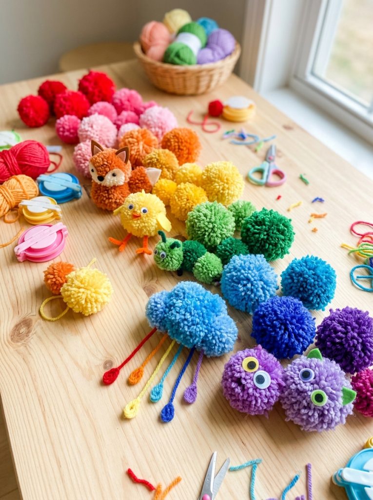 Beautiful pom pom yarn crafts for kids with colorful fluffy pom poms in sizes and rainbow colors assembled into animals and decorations