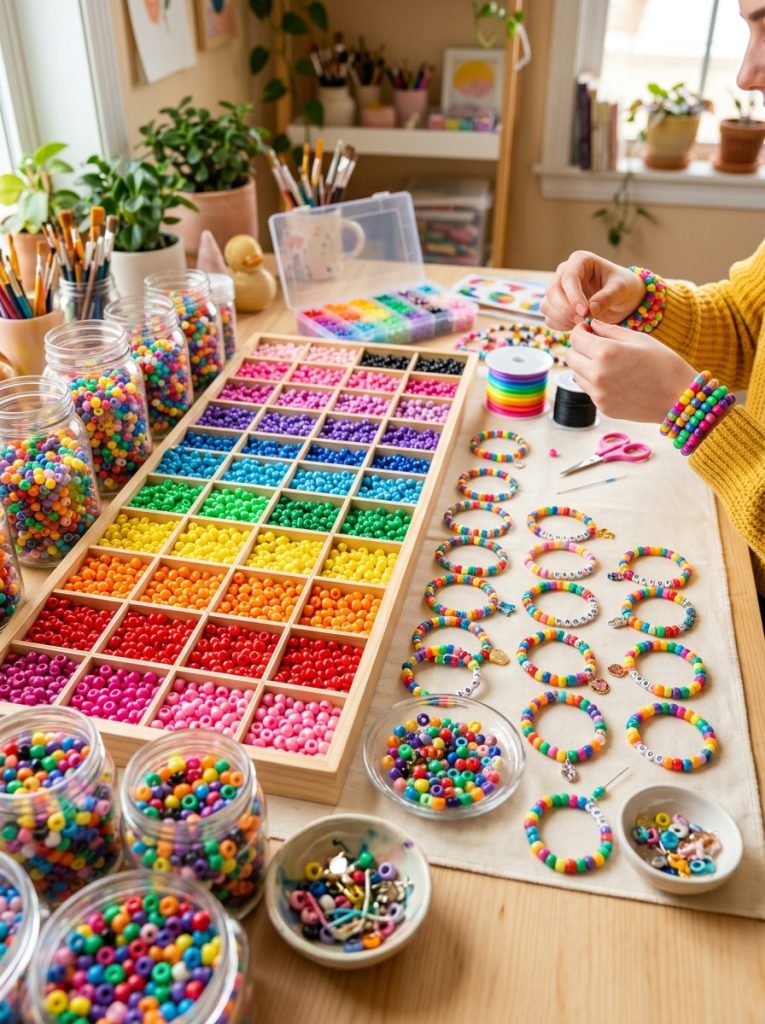 Beautiful bulk pony bead assorted colors for kandi with rainbow arrangement alongside completed colorful kandi bracelets on craft surface 