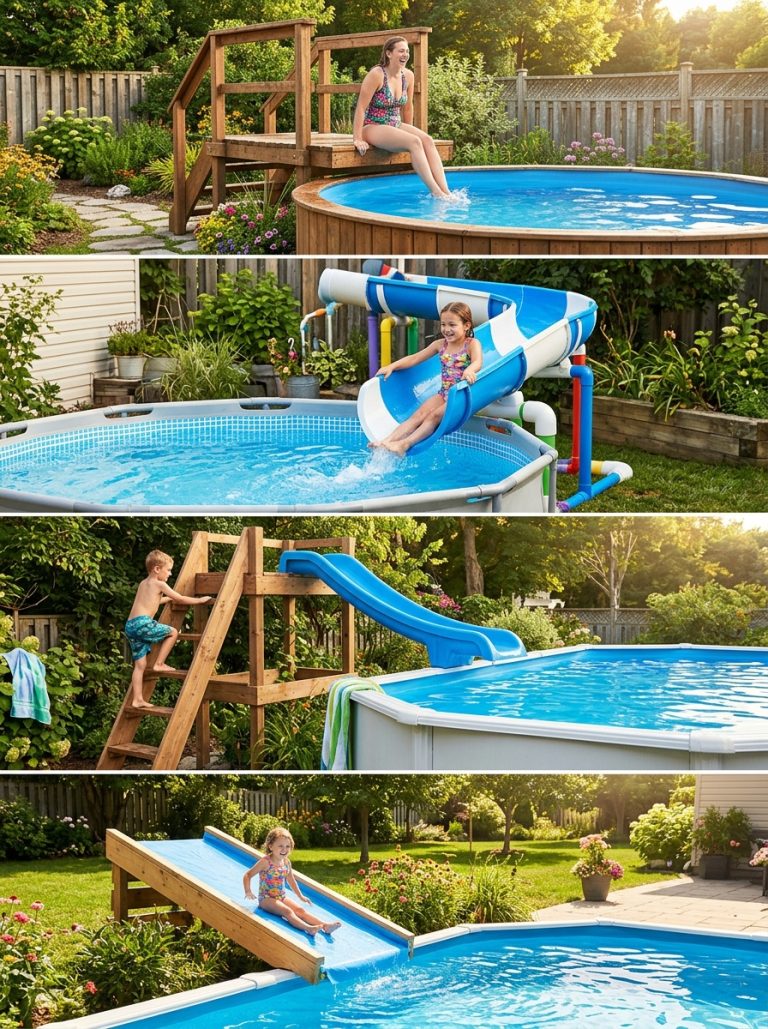 Beautiful DIY pool slide display with wooden deck PVC pipe platform ladder and ground level slides beside bright above ground pools