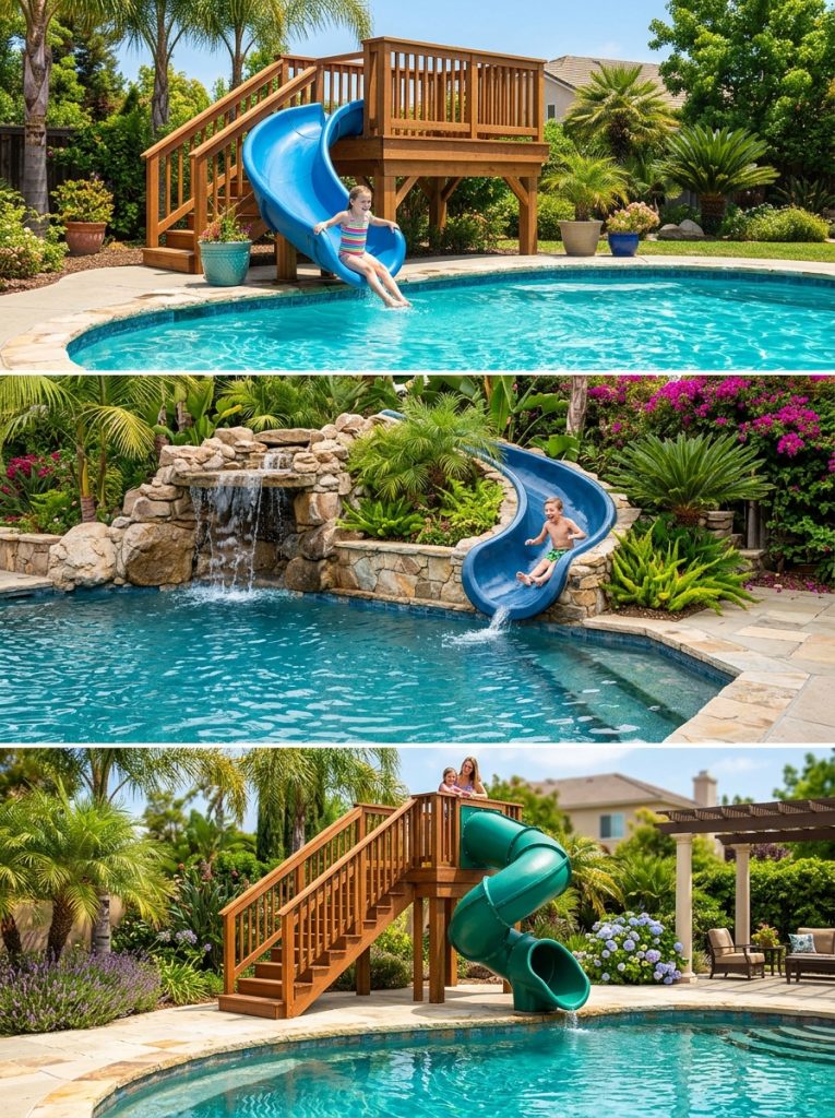 Complete DIY pool slide collection with wooden deck platform above ground PVC and integrated designs beside sparkling pools in summer 