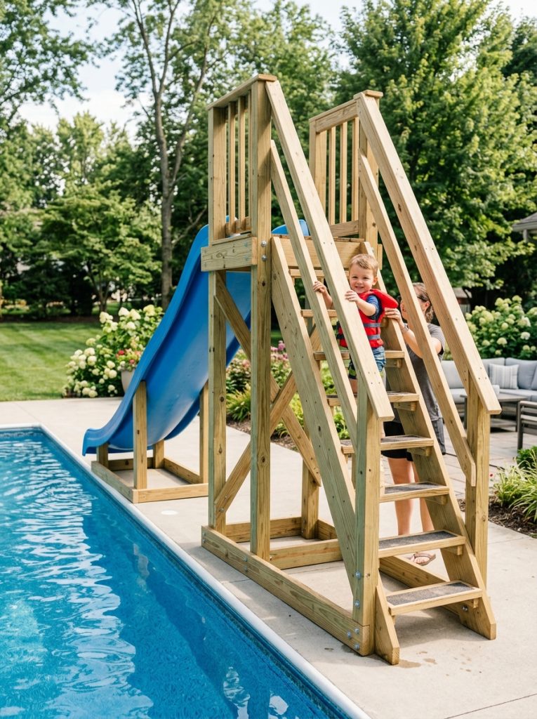 Well-built DIY pool slide with secure ladder access showing non-slip rungs secure handrails appropriate spacing and safe mounting
