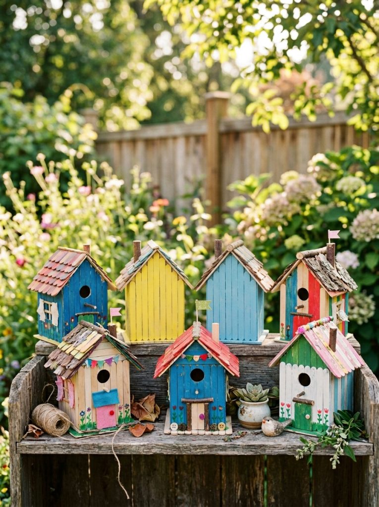  Adorable popsicle stick recycled DIY birdhouses with cottage-style shapes pitched roofs painted details and decorative elements.