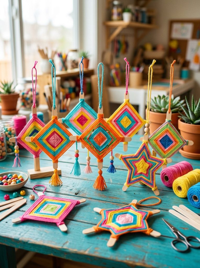 Adorable popsicle stick yarn craft with colorful wrapped woven sticks creating God's Eye star geometric designs in bright colors