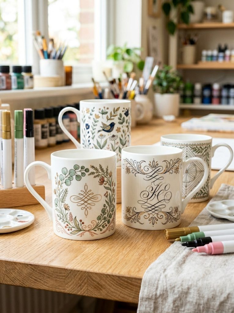 Beautiful porcelain paint pen mug painting with precise detailed designs line work botanical illustrations elegant lettering on ceramic mugs