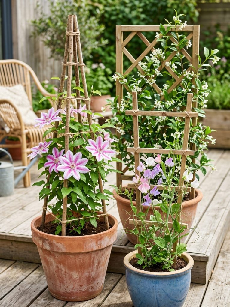 Beautiful potted plants wood trellis DIY with wooden stakes and frames in large pots supporting jasmine clematis and sweet peas climbing 