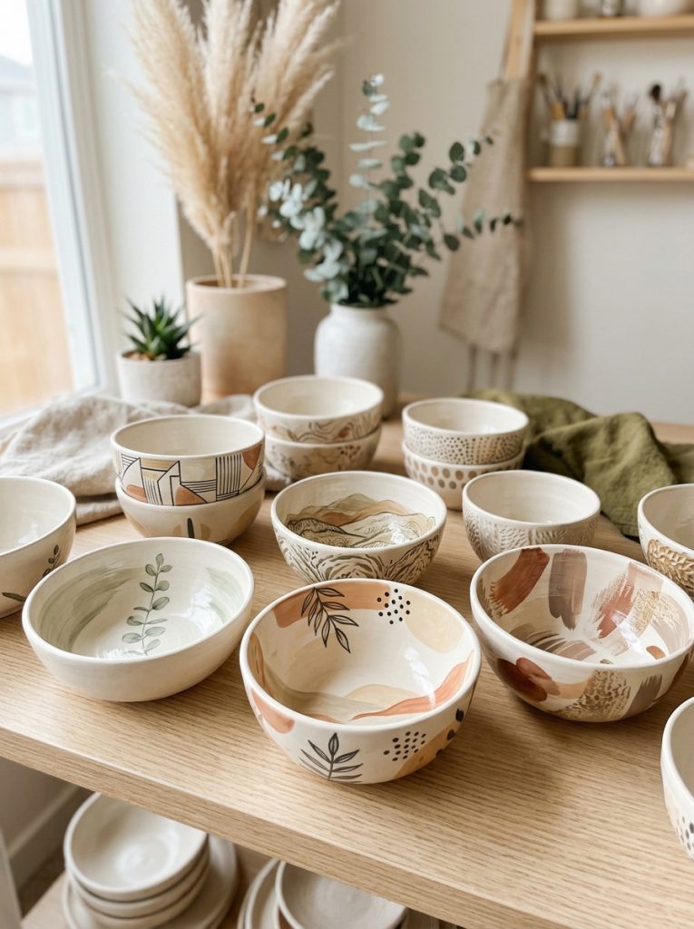 Beautiful aesthetic bowl pottery painting with neutral earth tone abstract minimalist botanical organic texture and artfully composed interiors 