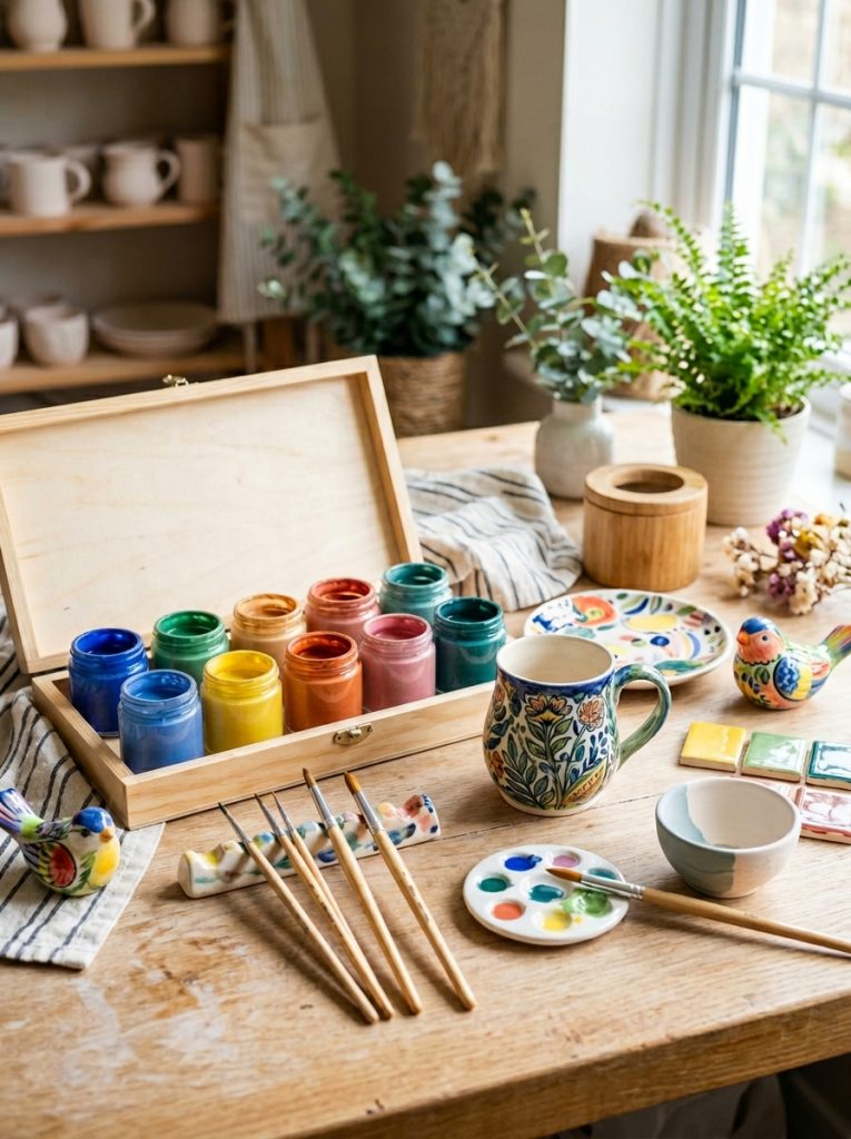 Quality pottery paint set with rich pigmented colors arranged with brushes and painted ceramic samples showing vibrant lasting results