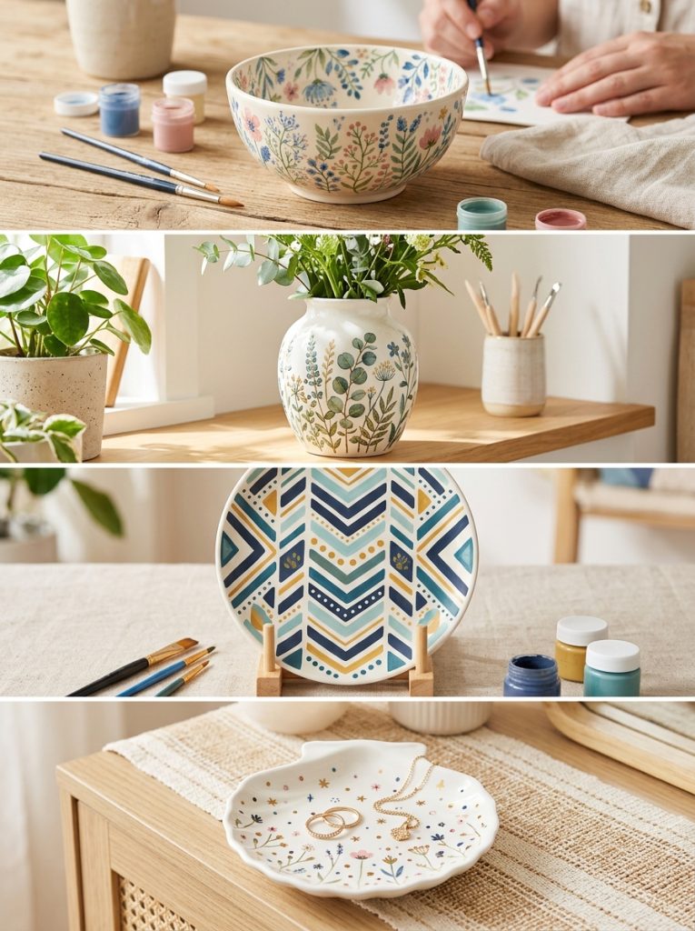 Four pottery painting ideas including floral ceramic bowl botanical vase illustration geometric plate pattern and adorable painted jewelry dish