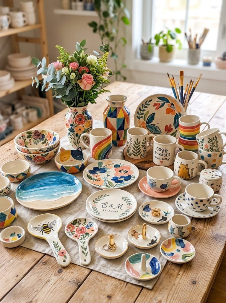 Complete pottery painting collection with bowls plates vases spoon rests jewelry dishes mugs all design styles floral geometric cat ocean