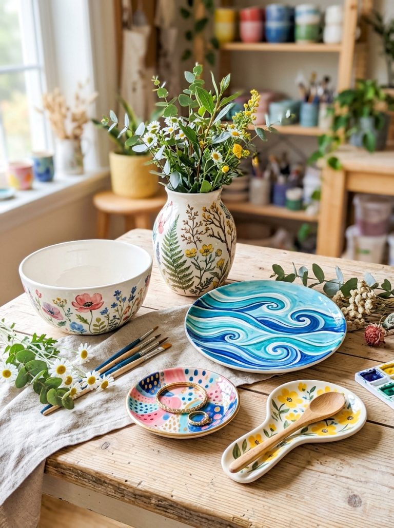 Beautiful pottery painting ideas display with floral bowl botanical vase ocean plate colorful jewelry dish and cute spoon rest on styled surface