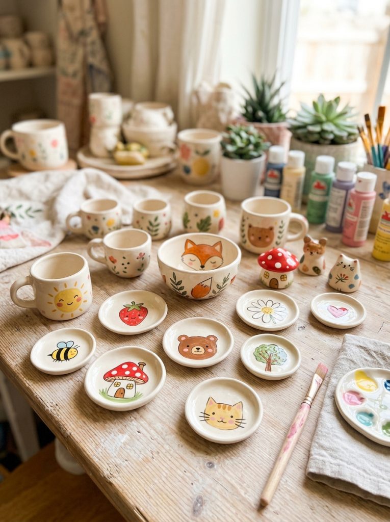  Adorable cute simple pottery painting with sweet face expressions simple botanicals food characters and nature motifs on ceramic pieces 