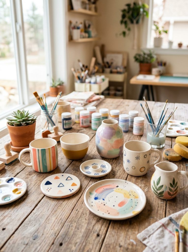 Beautiful easy beginner pottery painting with basic geometric patterns simple color blocking abstract washes and stamp designs achievable first attempt 