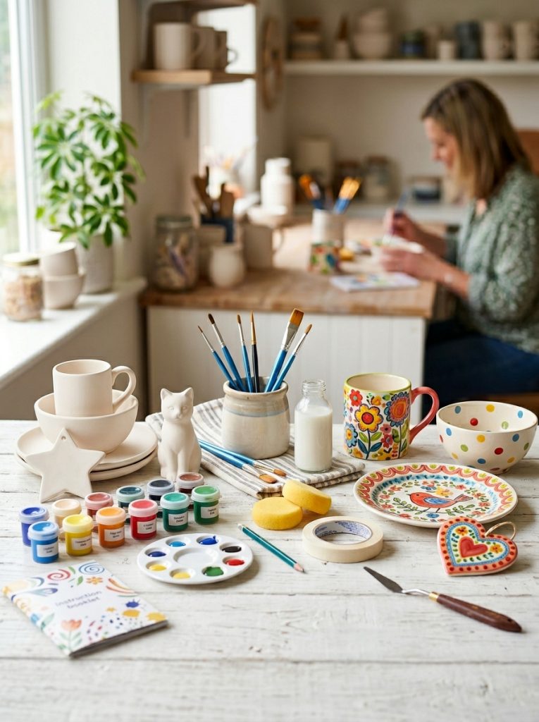 Complete pottery painting kit with ceramic pieces paints brushes finishing materials alongside completed sample painted pottery on craft surface 