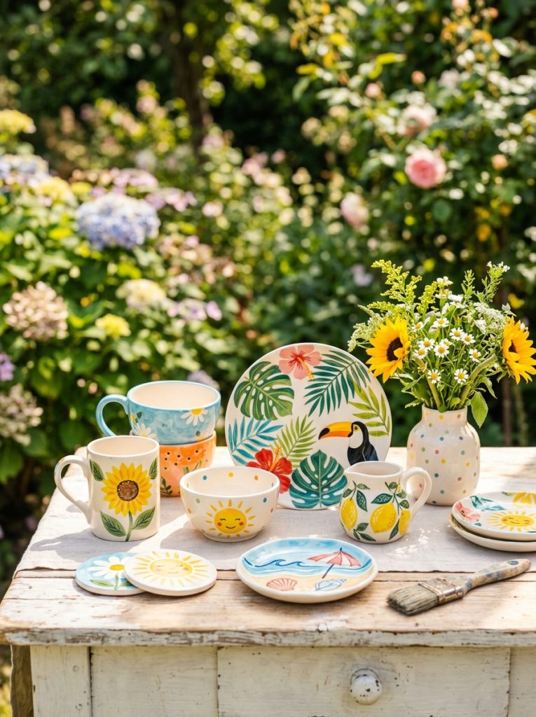 Beautiful summer pottery painting with sunshine sunflowers tropical leaves lemons beach themes and bright colorful summer designs on ceramics 