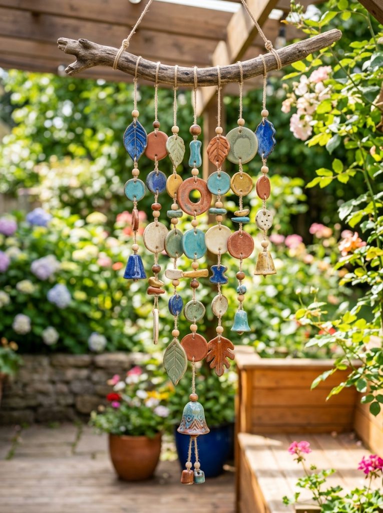 Beautiful clay pottery DIY wind chime with hand-shaped ceramic pieces in earthy tones and colors hung on cord from wooden branch