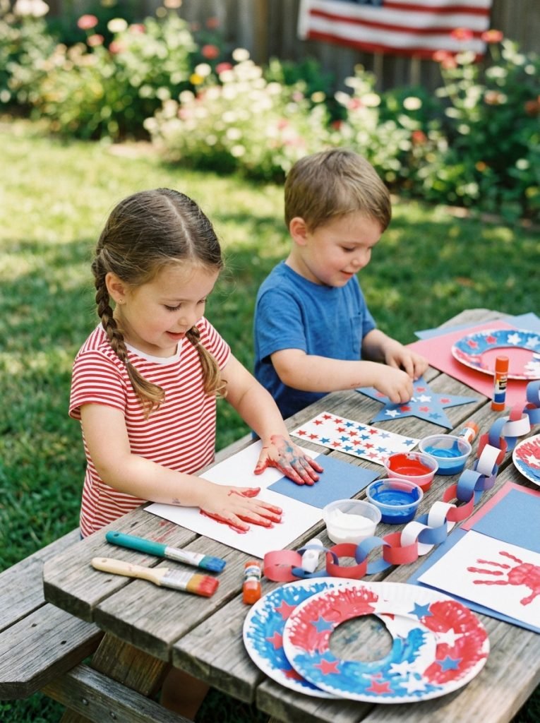 Simple July 4th summer crafts made by preschoolers with handprint flags star sticker art and patriotic painting in red white blue