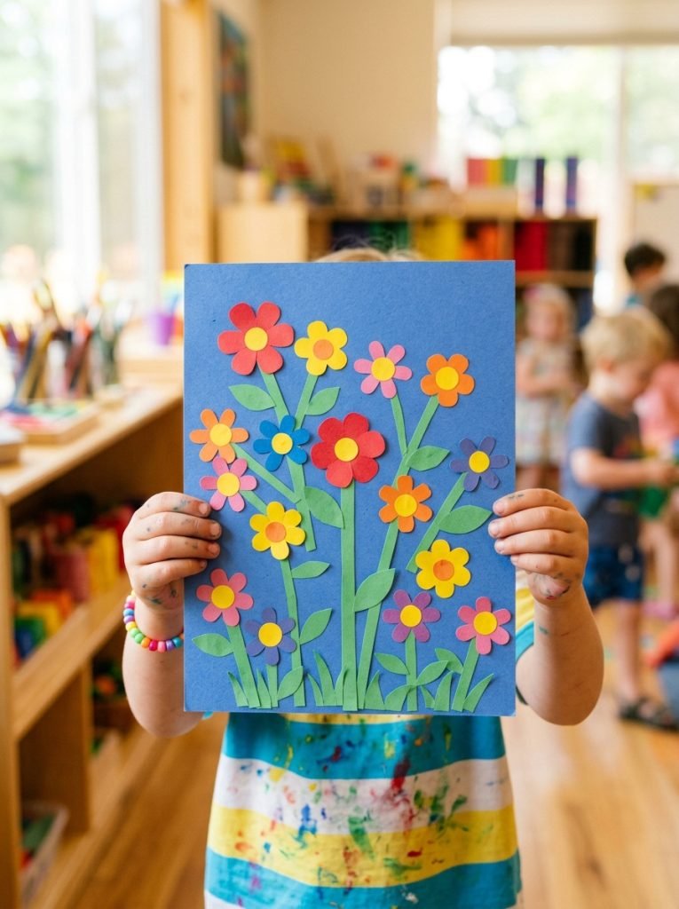 Simple construction paper summer garden crafts with colorful paper flowers stems leaves assembled into beautiful garden scene by preschoolers