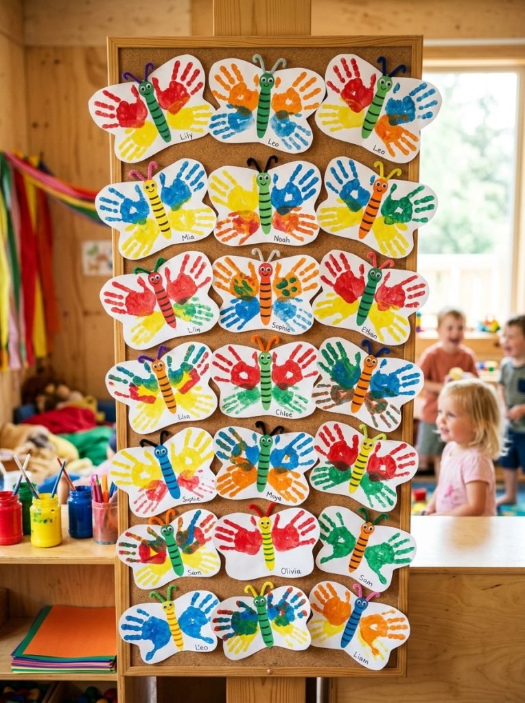 Adorable handprint butterfly summer crafts with colorful handprint wings and painted body center made by preschoolers