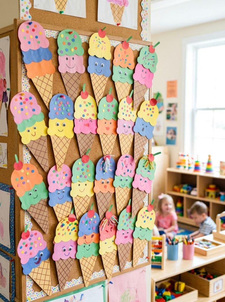 Adorable construction paper ice cream cone summer crafts with multiple colorful scoops assembled from bright paper in preschool display