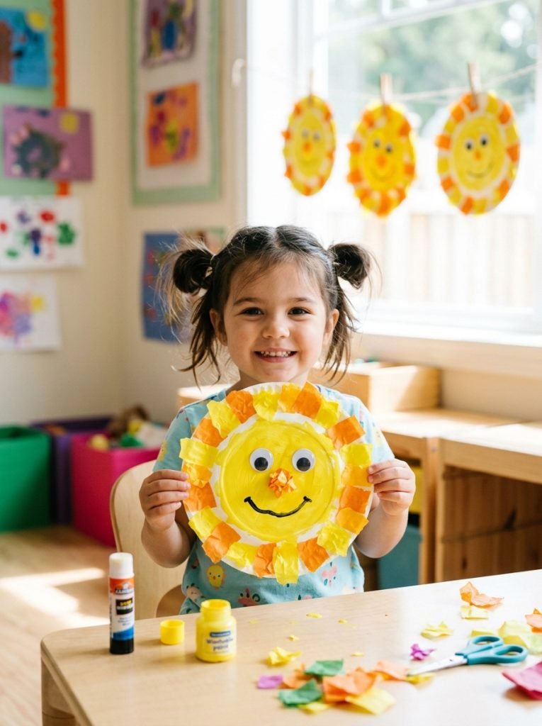 Quick easy sun summer crafts made by preschool children with paper plates tissue paper and paint completed independently