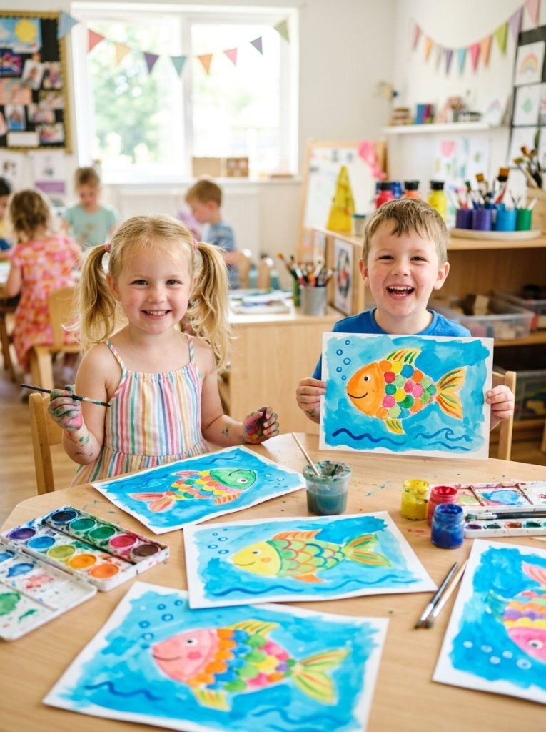 Beautiful watercolor fish summer crafts with brightly colored fish on ocean blue backgrounds made by preschoolers
