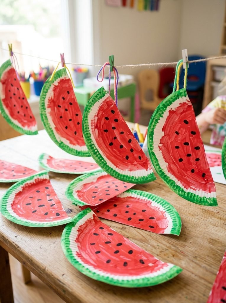 Adorable paper plate watermelon summer crafts with green outer red inner and black seed dots made by preschoolers in cheerful display