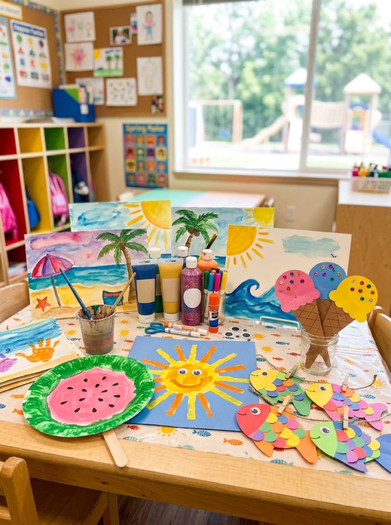 Colorful preschool summer craft table with handprint sun paper plate watermelon construction paper fish ice cream craft and watercolor paintings