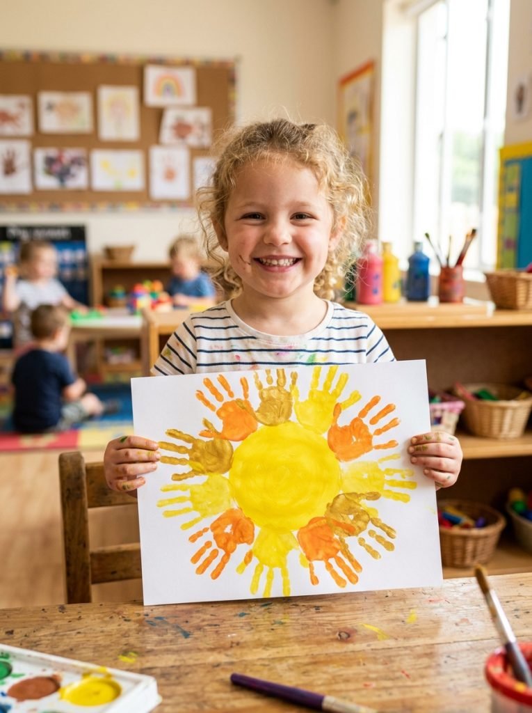 Adorable handprint sun summer crafts with yellow orange handprints as rays around painted yellow circle made by preschoolers