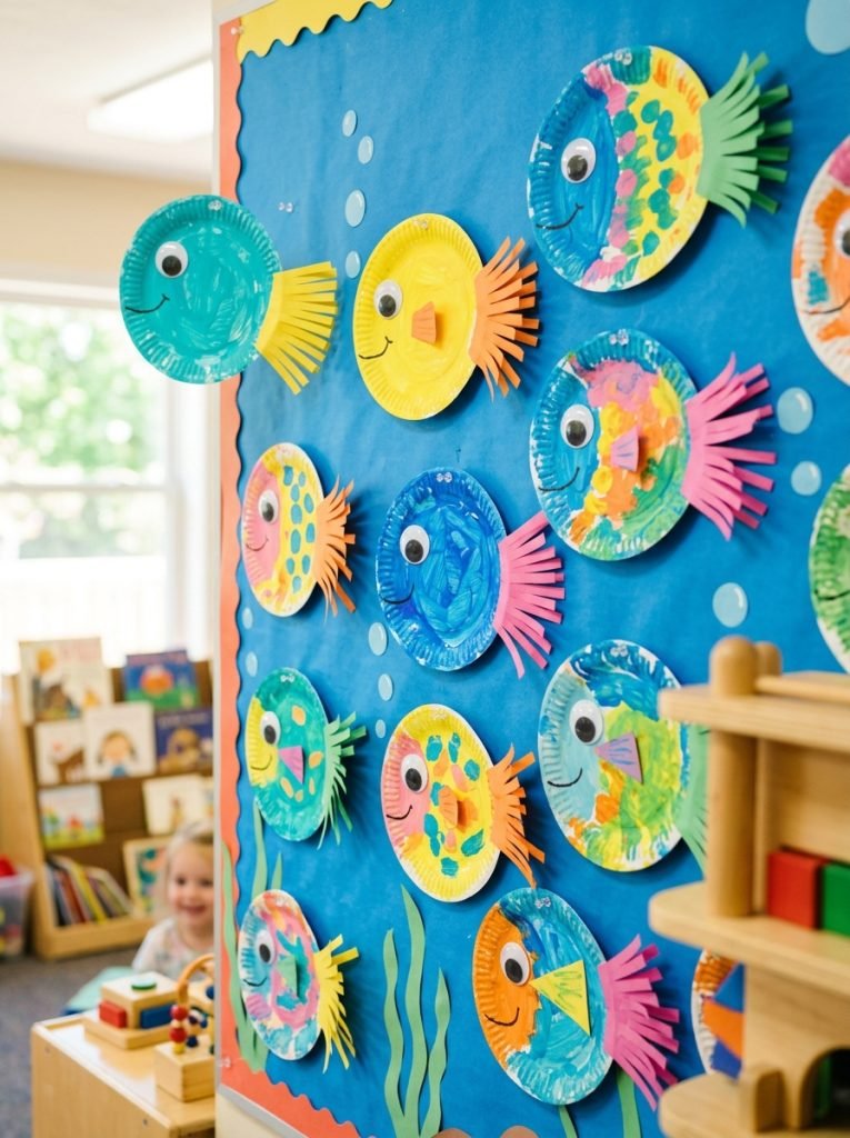 Simple paper plate fish summer crafts with plates cut into fish shapes painted bright ocean colors with paper tails and googly eyes