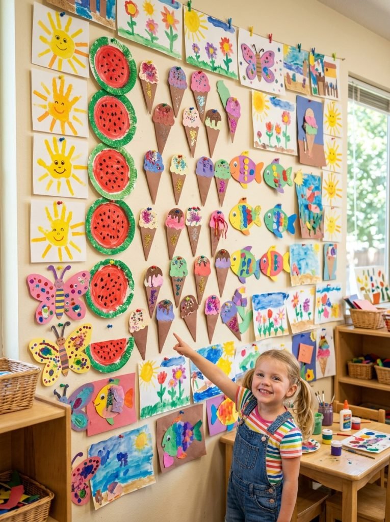 Complete summer crafts preschoolers gallery with handprint suns watermelons ice cream fish butterflies and watercolors displayed together
