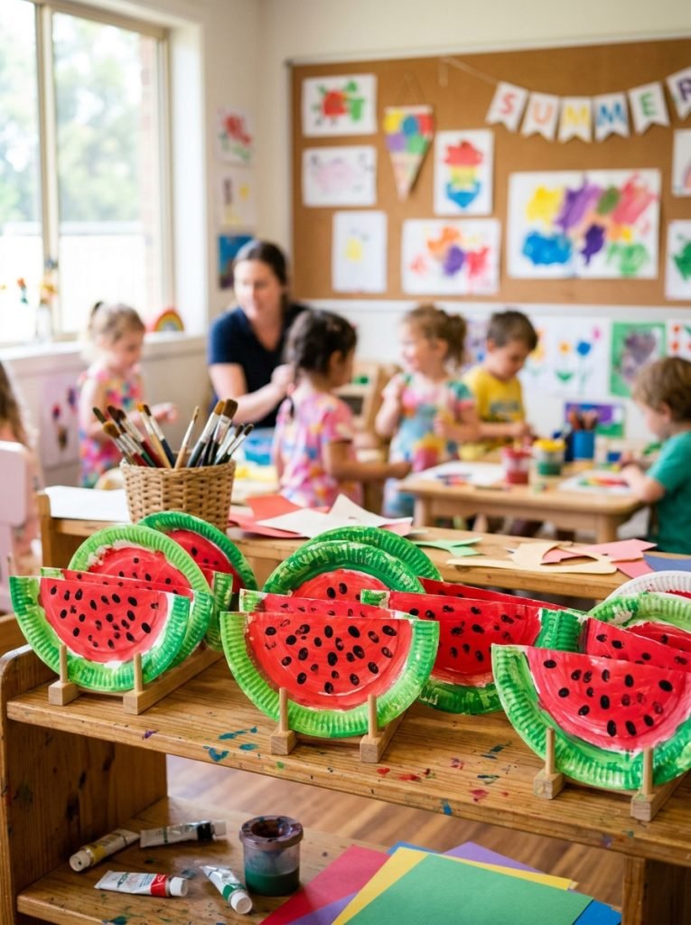 Fun paper plate watermelon slice crafts with half plates painted green rind red flesh and black fingerprint seeds by preschoolers