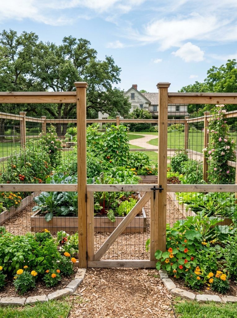 Beautiful protected vegetable garden with deer proof fencing enclosing productive vegetables keeping garden safe while looking attractive