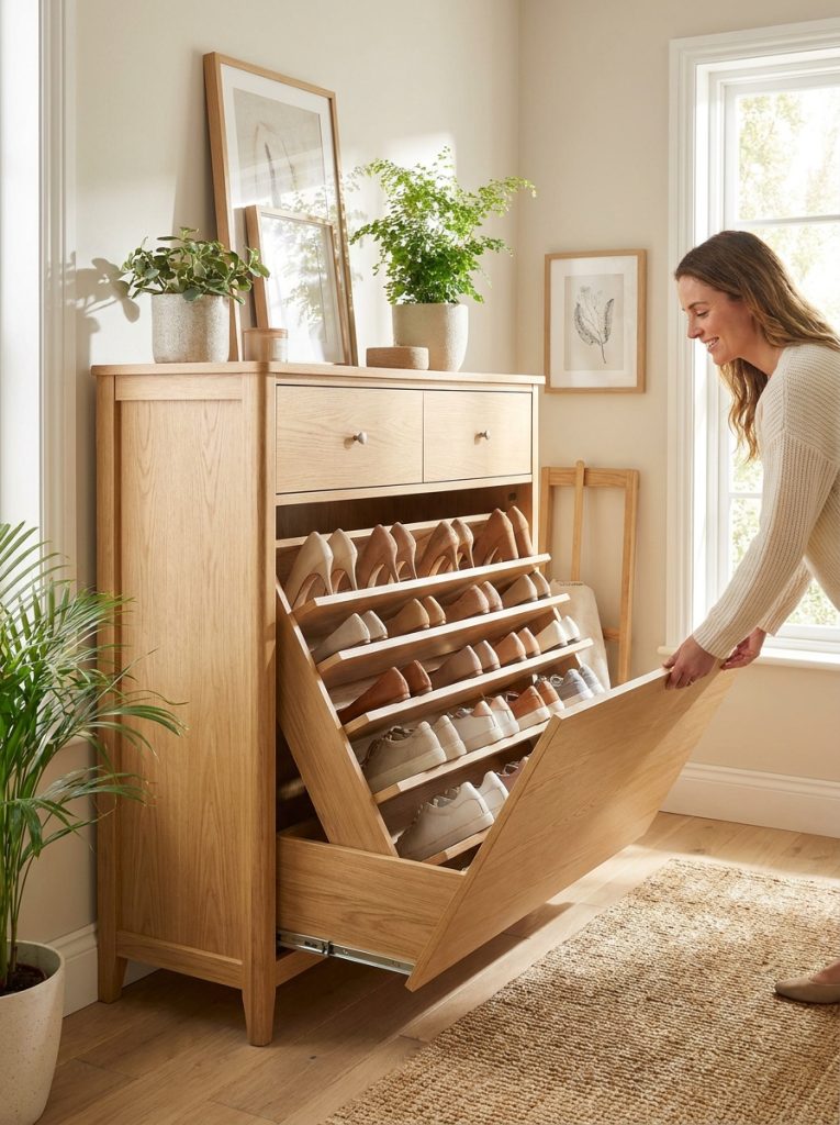 Beautiful pull out shoe drawer cabinet with hidden drawers revealing neatly organized angled shoe pairs when opened in styled home