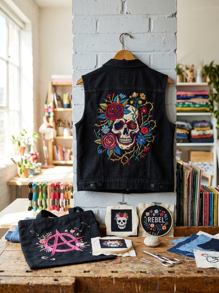 Creative punk embroidery with skull flowers anarchic symbols dramatic floral patterns and edgy aesthetic stitching displayed boldly