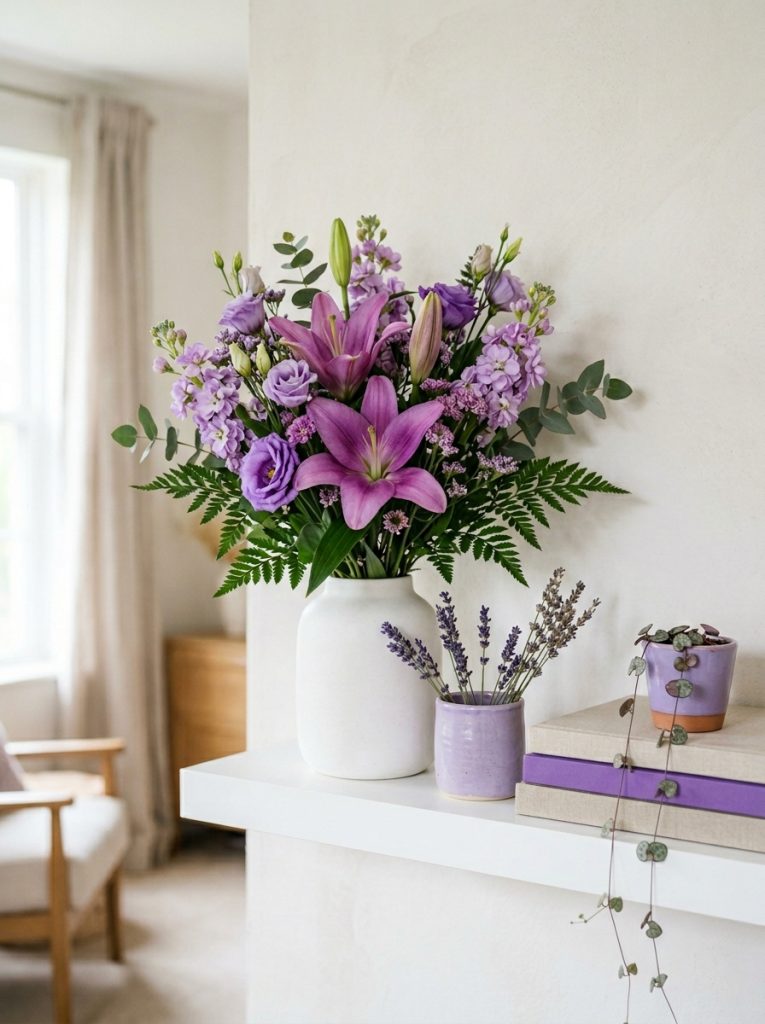  Beautiful purple bouquet aesthetic shelf with purple lily bouquet white vase lavender ceramic art books and trailing plant